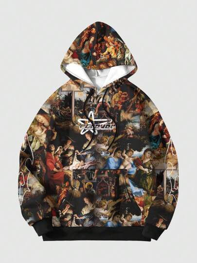 Street Life Men's Casual Drawstring Hooded Sweatshirt With Painting Print, Spring Autumn