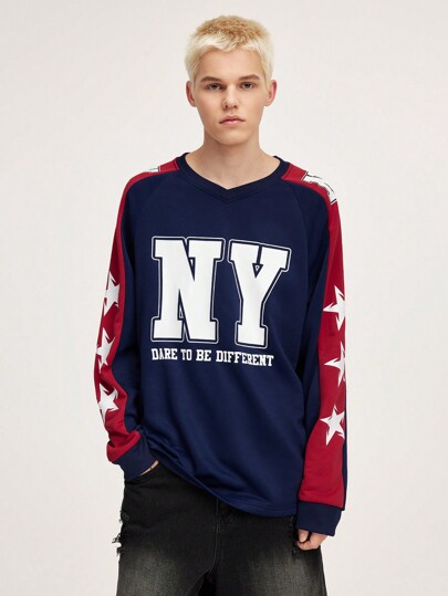 Street Life Camiseta de manga larga casual con manga raglán, eslogan y estampa de estrella de cinco puntas para hombre, para primavera/otoño