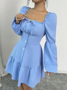 Rafferiza Women's Square Neck Long Lantern Sleeve Ruffle Hem A-Line Dress Fall Cloth For Women - Blue - View 5