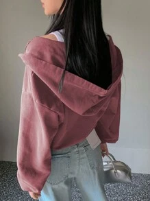 Dazy Tall 女式纯色落肩长袖前拉链休闲连帽衫，秋冬 - 玫紅色 - 查看 2