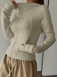 DAZY Áo hoodie dài tay thường ngày có khóa kéo phía trước màu trơn dành cho nữ, áo nỉ dài tay, áo khoác ngoài - Màu be - Xem 5