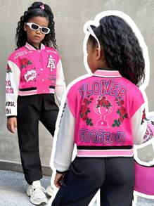 Tween Girl' Badge Graphic Patchwork Short Varsity Jacket, Thermal Lined Bomber Jacket For Autumn & Winter - Multicolor - View 1