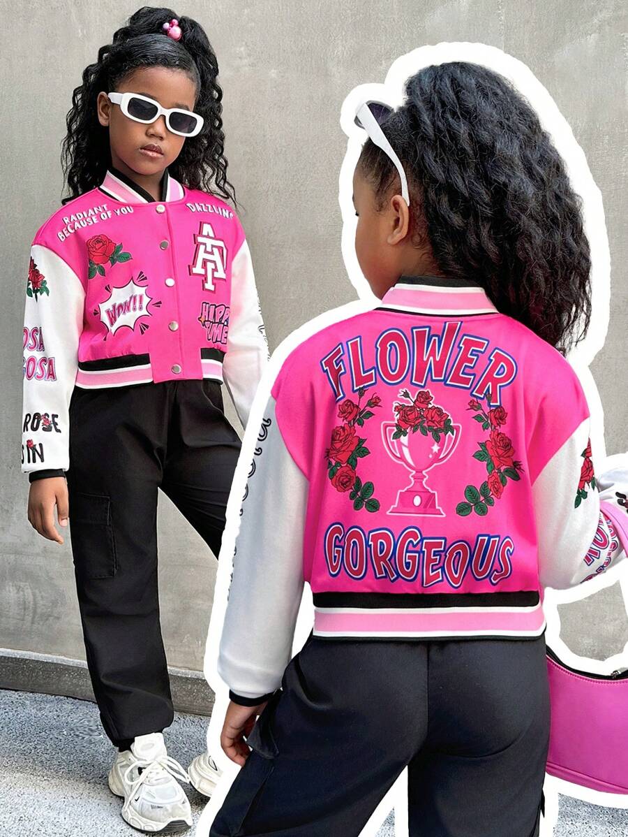 Tween Girl' Badge Graphic Patchwork Short Varsity Jacket, Thermal Lined Bomber Jacket For Autumn & Winter - Multicolor - View 1