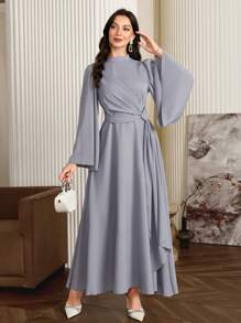 Modelyn 女士优雅纯色立领喇叭袖垂褶侧边端庄长袖连衣裙长款晚礼服