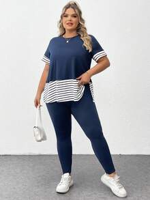 SHEIN CURVE+ Curve Plus Size 2 Cái/bộ Áo thun sọc ngang ngắn tay & quần dài, trang phục thể thao thông thường ở nhà trang phục mùa hè rộng rãi - Xanh và trắng - Xem 3