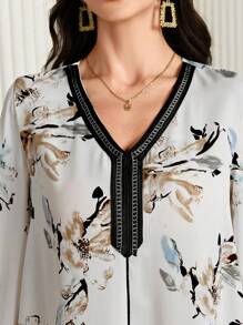 Al Najma 女士花卉印花 V 领拼布阿拉伯连衣裙，朴素长袖优雅束腰外衣 Kaftan Jalabiya 阿拉伯连衣裙，适合晚会/婚礼嘉宾/周年纪念/日常 - 彩色 - 查看 4