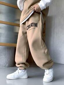 SHEIN Leap Crew Bộ quần áo nỉ và áo phông in chữ 2 món thường ngày cho bé trai tuổi mới lớn, dáng rộng, đi học, đi làm, thường ngày, thể thao, thu đông - Màu Khaki - Xem 3