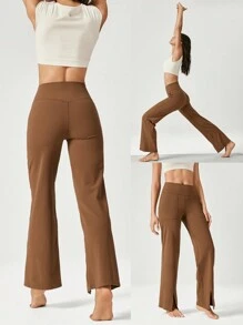 GLOWMODE Quần ống rộng cạp cao FeatherFit™ xẻ bên hông có túi bên hông tập yoga tác động thấp hàng ngày - màu nâu - Xem 8