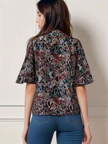 Women's Cashew Print Round Neck Blouse - Green - View 2
