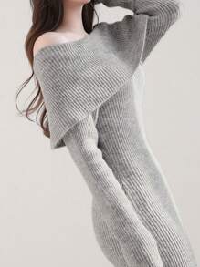 DAZY Women Off-Shoulder Long Knitted Bodycon Sweater Dress, Grey, Spring/Summer/Autumn