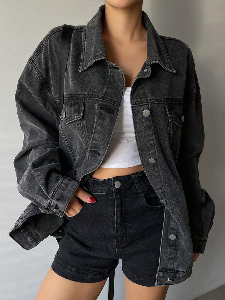 Women's Loose Fit Lapel Pocket Decorated Long Sleeve Denim Jacket Fall/Winter