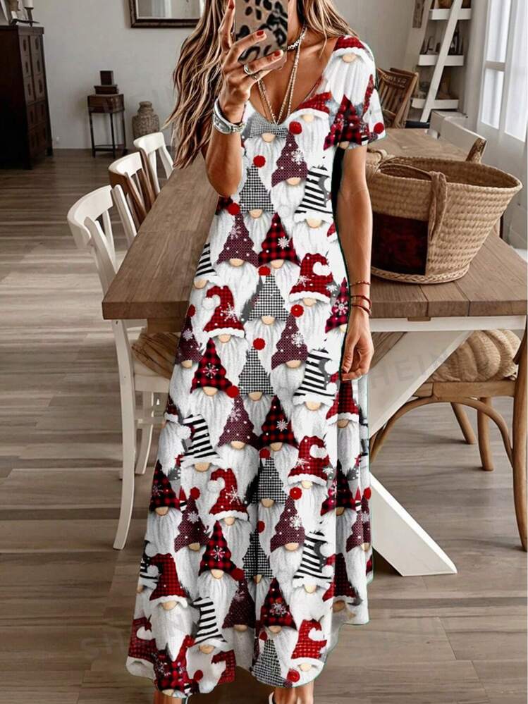 SHEIN LUNE Plus Size Stylish Christmas Tree Print Knee Length Dress Short Sleeve Beach Dress V Neck Short Sleeve Dress Suitable For Fall Halloween Dress SHEIN UK