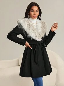SHEIN Lady 秋冬秋季衣服优雅女装纯色拼接系带长袖休闲毛衣女套装女装秋季女装 - 黑色 - 查看 5