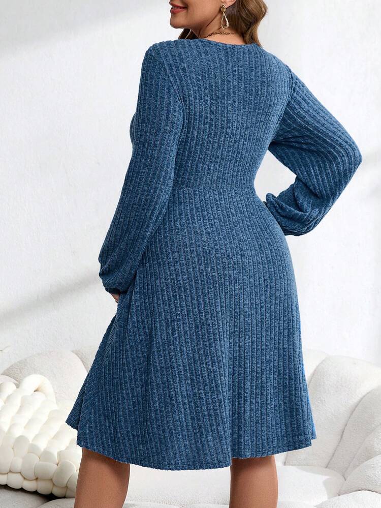 Plus Size Women's Lantern Sleeve Textured Button Decor Midi Dress,Fall Women Clothes,Spring/Summer/Vacation