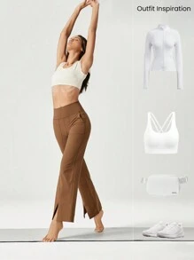 GLOWMODE Quần ống rộng cạp cao FeatherFit™ xẻ bên hông có túi bên hông tập yoga tác động thấp hàng ngày - màu nâu - Xem 7