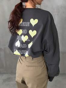 FRIFUL Women's Loose Fit Heart Pattern Contrast Color Sweatshirt - Grey - View 4