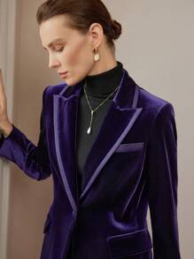 MOTF PREMIUM 天鹅绒尖领纯色单纽扣西服外套 - 藍色 - 查看 3