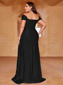 Plus Off Shoulder Draped Side Split Thigh Formal Dress Black Elegant Prom Evening Wedding Guest Gown, For Graduation, Dinner Party Dress