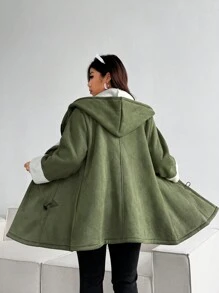 Flirla Faux Horn Button Fuzzy Hooded Coat In Plus Size - Army Green - View 1