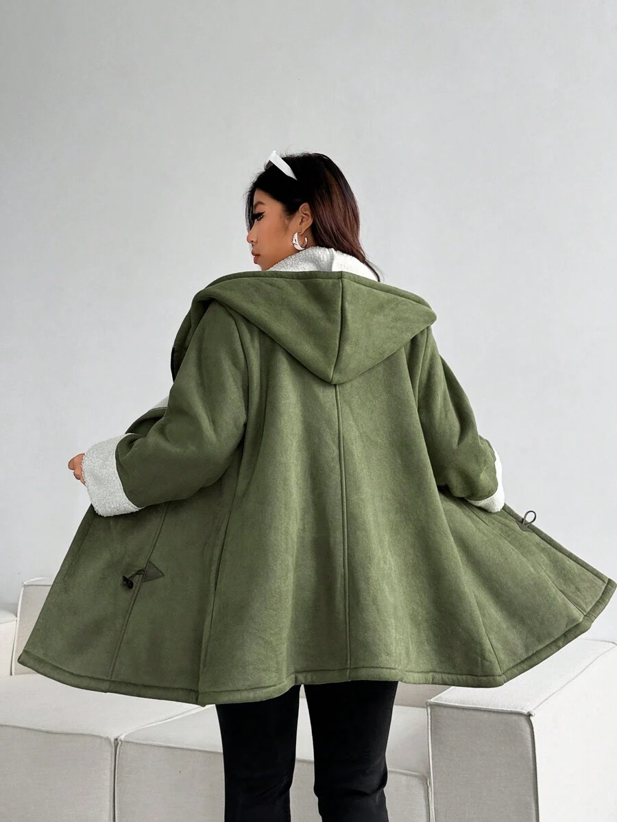 Flirla Faux Horn Button Fuzzy Hooded Coat In Plus Size - Army Green - View 1
