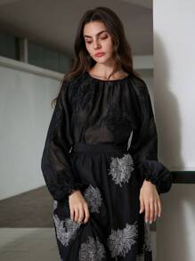 SHEIN Privé Delicate & Elegant Embroidery Textured Sheer Lantern Sleeve Round Neck Blouse For Women Fall Cloth For Women - Black - View 6