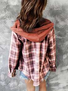 INAWLY Damska koszula w kratkę z długim rękawem i kieszeniami, luźna, swobodna, z kapturem, wiosna i jesień