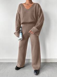 RueChic Women's Solid Color V-Neck Drop Shoulder Long Sleeve Sweater And Knit Pants Casual 2-Piece Set, Autumn/Winter - Mauve Purple - View 3