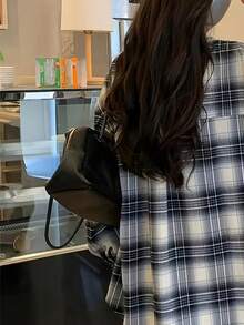 女士常规格纹落肩长袖宽松休闲衬衫式外套，百搭秋季单品