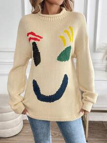 Chiquease New Fashion Loose Smiling Face Pattern Women Sweater (Random Print), Knit Pullover Fall Winter - Multicolor - View 6