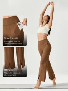 GLOWMODE Quần ống rộng cạp cao FeatherFit™ xẻ bên hông có túi bên hông tập yoga tác động thấp hàng ngày - màu nâu - Xem 4