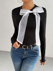 Chiquease Women's Long Sleeve Slim Fit T-Shirt With Bow Decoration, Spring & Autumn