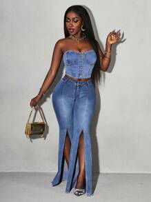 Slaydiva Solid Color Tight Fit Pocket Slit Wide Leg Sexy Jeans - Light Wash - View 7