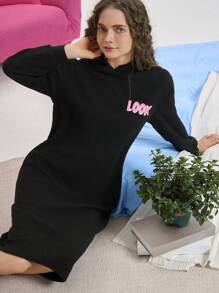 Áo ngủ trùm đầu in khẩu hiệu lông cừu cho nữ - màu đen - Xem 6