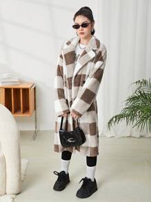 SHEIN Leap Crew 少女双面格子翻领超大蓬松外套 - 棕色 - 查看 7