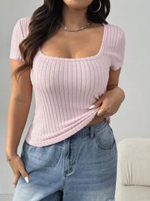 SHEIN EZwear 罗纹修身基本款 T 恤，加大码