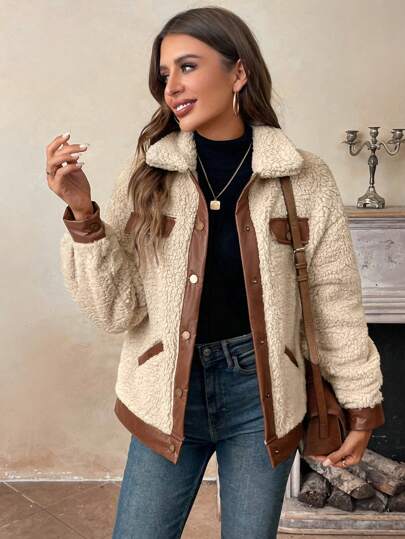 SHEIN LUNE Chaqueta casual de mujer cálida de PU con parches, esponjosa con bolsillo, para otoño/invierno, casual