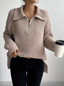 Chiquease Nuevo suéter de punto suelto de manga larga con cremallera para mujer para otoño e invierno