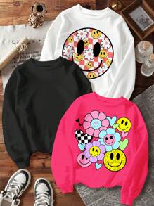 SHEIN Leap Crew 3 件套 Tween 女童休闲宽松羊毛运动衫，带笑脸、字母印花、圆领、宽松版型 - 秋冬款，白色、粉色、黑色 - 彩色 - 查看 2