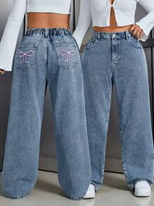 SHEIN ICON Jeans casuales sueltos de novio con botones delanteros, bolsillos y bordados con moño para mujer talla grande - Neblina azul - Ver 1