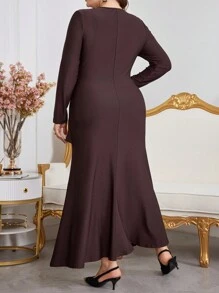 Modelyn Plus Size Brown Curve Elegant Cocktail Long Sleeve Dress,Minimalist Fish Tail Hem A Line Dresses For Evening Party,Wedding Guest,Anniversary Autumn - Brown - View 2