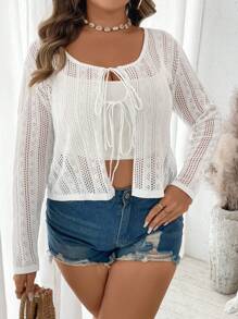 Calvaya Plus Size Casual Hollow-Out Knitted Cardigan, Autumn