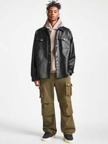 Manfinity VCAY Men's PU Leather Loose Long Sleeve Shacket, For Fall Winter - Black - View 2