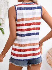 EMERY ROSE Ladies' Fashionable Summer Striped Top With Notched V-Neck And Random Print - Multicolor - View 2