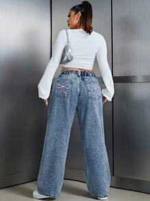 SHEIN ICON Jeans casuales sueltos de novio con botones delanteros, bolsillos y bordados con moño para mujer talla grande - Neblina azul - Ver 6