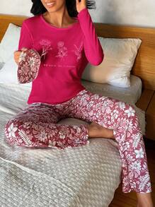 RueChic Floral Print PJ Set - Burgundy - View 1