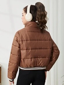 SHEIN Áo khoác đệm ngắn thường ngày màu tương phản cổ đứng có gân màu nâu cho bé gái tuổi teen - màu nâu - Xem 2