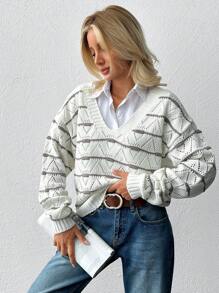 EURMUSE V-Neck Contrast Color Jacquard Knit Long Sleeve Pullover Sweater - Beige - View 3