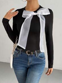 Chiquease Women's Long Sleeve Slim Fit T-Shirt With Bow Decoration, Spring & Autumn