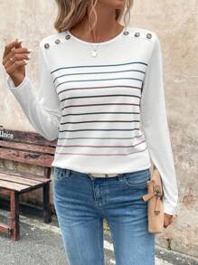 EMERY ROSE Camiseta feminina casual confortável listrada colorida manga comprida com gola redonda botões decorativos, outono inverno