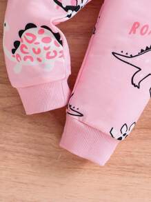 Bộ 2 món/Bộ đồ thể thao thường ngày in hình khủng long dễ thương cho bé gái, Thu/Đông - Hồng - Xem 6